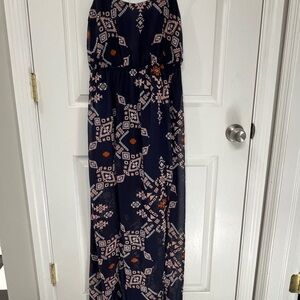 XS Navy and Pink Patterned Maxi Dress with cutout back and front side slits